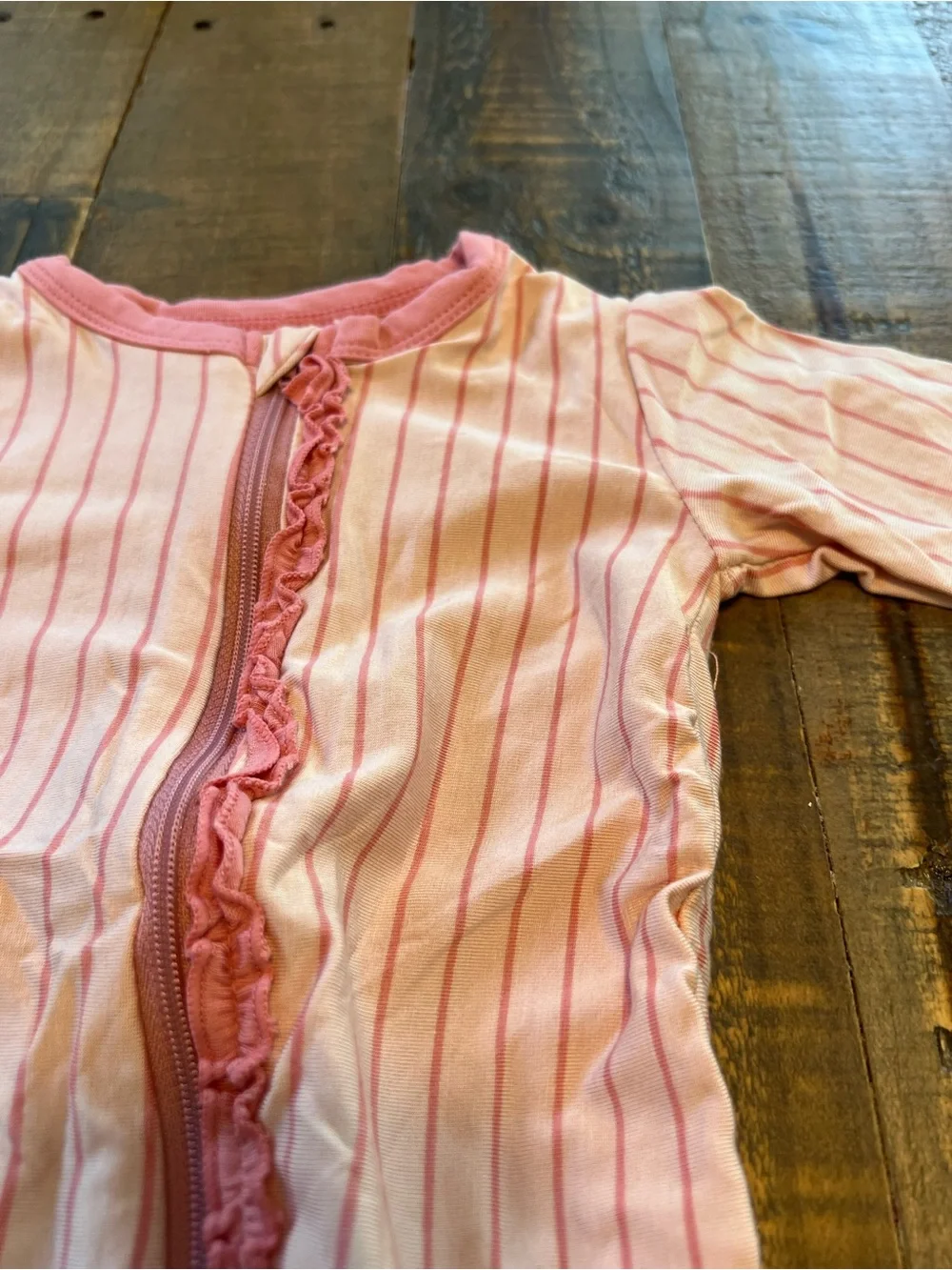 Kickee Pants size 6-9 months pink stripe ruffle with two way zipper footie new